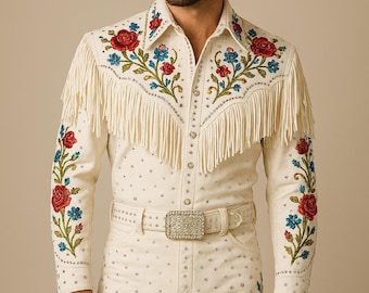 Customized Vintage Style Western Cowboy Suit | Embroidered Floral Fringe Rodeo Outfit | Retro Country Stagewear Country Western Suit for Men