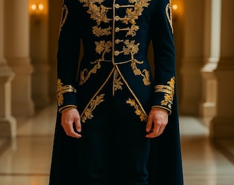 Traje real de terciopelo negro bordado personalizado para hombre, abrigo largo, traje de príncipe real del siglo XVIII, estilo barroco veneciano renacentista.