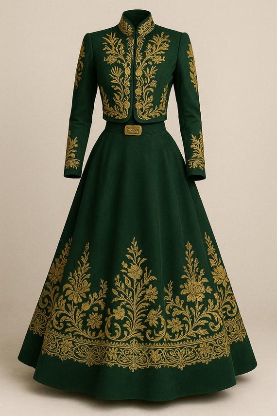 Custom Emerald Green Embroidered Jacket Skirt Set Women Custom Made Fiesta Outfit Mariachi Inspired Suit Wedding Christmas Valentine Outfit