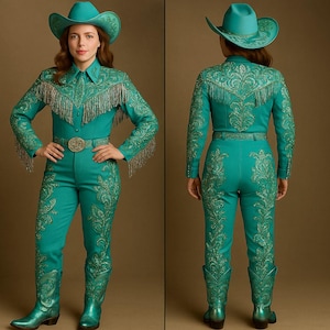 Customized Turquoise Women&#39;s Western 2 Piece Gold Embroidery Fringe Rodeo Cowgirl Outfit Fringes Shirt Embroidered Pant Western Wedding Wear