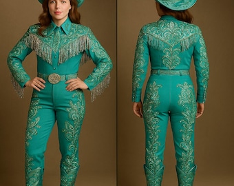 Traje de vaquera de rodeo turquesa personalizado para mujer, de 2 piezas, con bordado dorado y flecos, camisa con flecos, pantalón bordado, ropa de boda estilo western