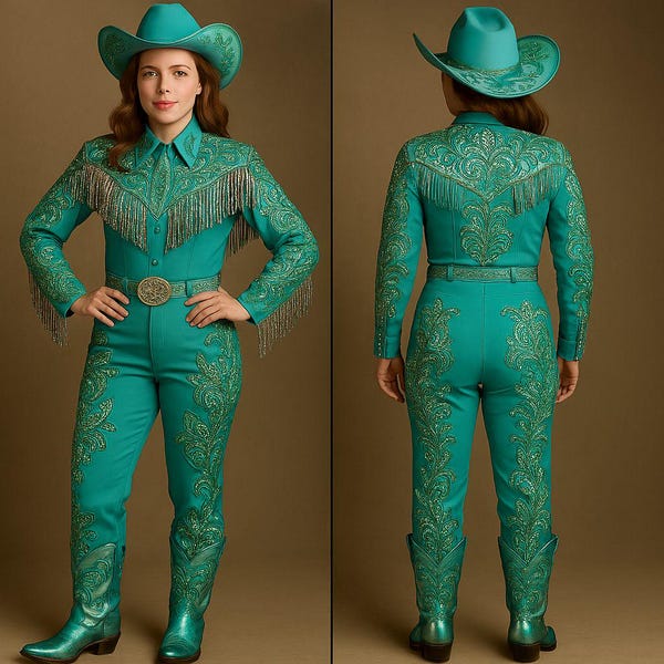Customized Turquoise Women's Western 2 Piece Gold Embroidery Fringe Rodeo Cowgirl Outfit Fringes Shirt Embroidered Pant Western Wedding Wear