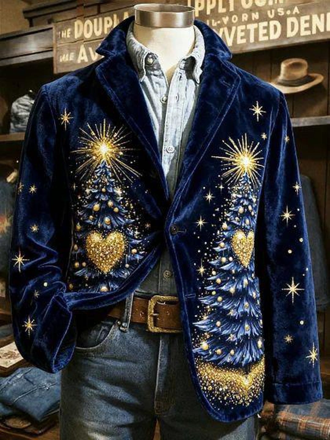 Bespoke Men's Blue Velvet Christmas Tree Jacket Gold Embroidered