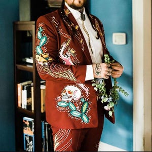 Customized Men&#39;s Mexican Western 2 Pc Suit Skull & Cactus Embroidery Festival Outfit Cowboy Western Style Wedding Cocktail Attire Halloween