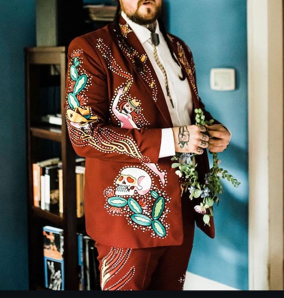 Customized Men's Mexican Western 2 Pc Suit Skull & Cactus Embroidery  Festival Outfit Cowboy Western Style Wedding Cocktail Attire Halloween