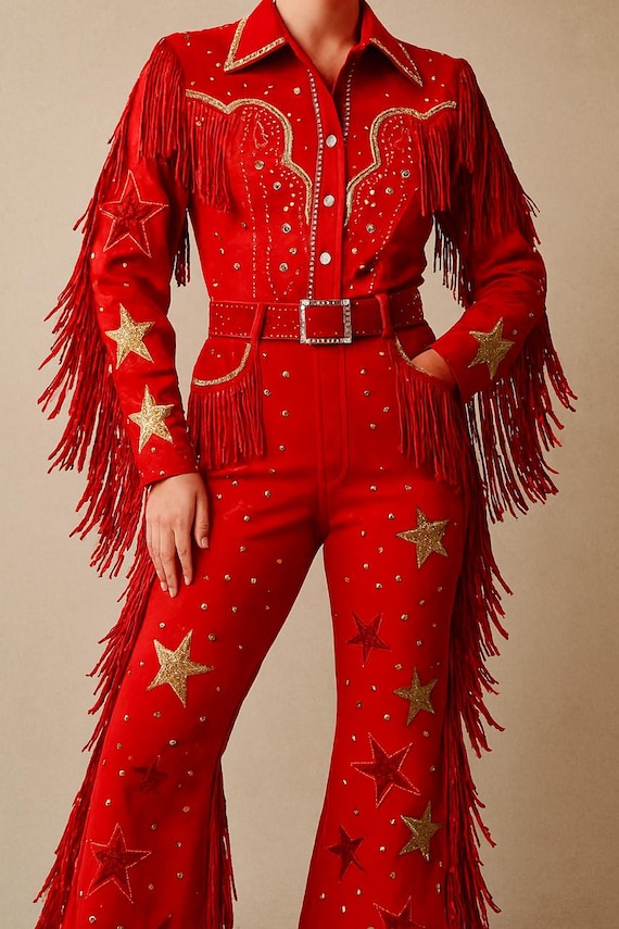 Custom Vintage Red Western Fringe Jumpsuit Rodeo Red Fringe Star Embroidered Glam Stage Outfit Wedding Cocktail Attire Christmas Halloween