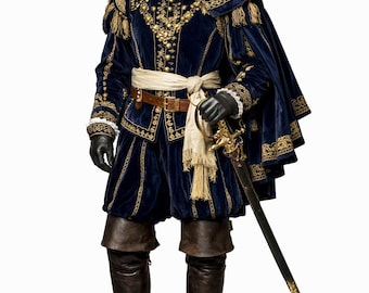 16th Century Renaissance Nobleman Velvet Costume | Royal Navy Blue Gold Embroidered Medieval Outfit | Luxury Historical Suit Events Cosplay