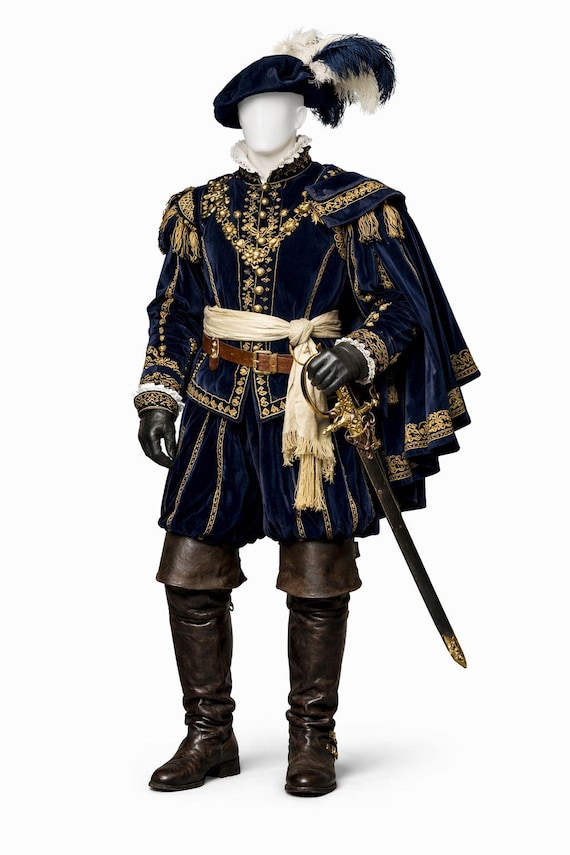 16th Century Renaissance Nobleman Velvet Costume | Royal Navy Blue Gold Embroidered Medieval Outfit | Luxury Historical Suit Events Cosplay