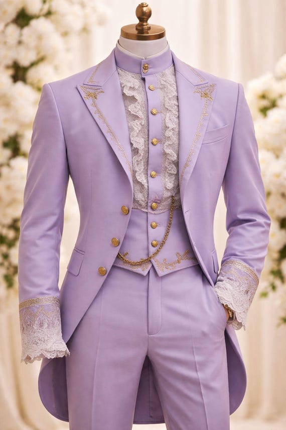 Lavender Victorian Prince Suit for Men | Royal Groom Wedding Outfit | Embroidered Tailcoat Tuxedo | Pastel Luxury Suit | Custom Made