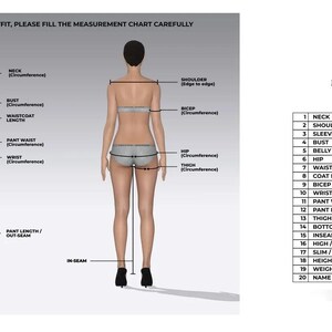 May include: A diagram illustrating body measurements for clothing. The image includes a front and back view of a person with labeled measurement points, such as neck, bust, and waist. A measurement chart in inches is also included.
