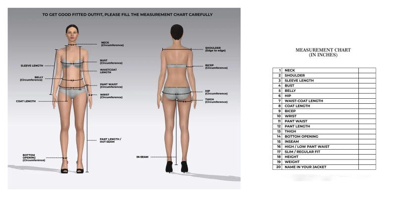 May include: A diagram illustrating body measurements for clothing. The image includes a front and back view of a person with labeled measurement points, such as neck, bust, and waist. A measurement chart in inches is also included.