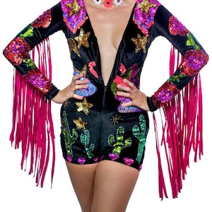 Customized Women Jumpsuit Sequin Fringe Western Romper Black Velvet Cowgirl Playsuit Spaceship Star Motif Western Cowgirl Wedding Christmas