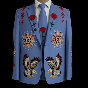Sky Blue Embroidered Mexican Eagle Suit Bold Symbolic Suit with Roses, Sun Motifs Western Style Cowboy Wedding Christmas Halloween Attire