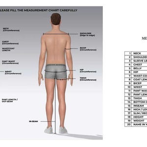 May include: Diagram illustrating body measurements for custom tailoring. The image shows a front and back view of a person with measurement points labeled, such as neck, chest, and waist. A measurement chart in inches is also included.