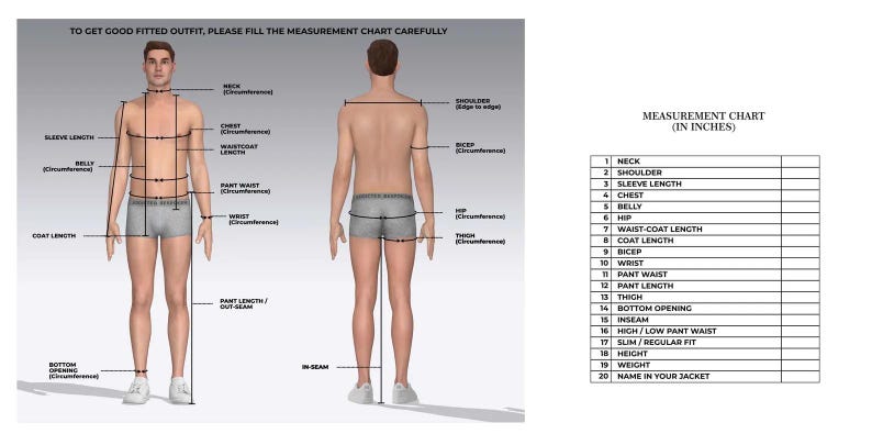 May include: Diagram illustrating body measurements for custom tailoring. The image shows a front and back view of a person with measurement points labeled, such as neck, chest, and waist. A measurement chart in inches is also included.