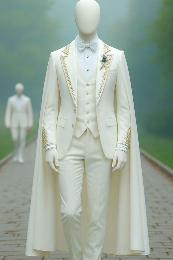 Customized White Groom Cape Suit | Royal Wedding Cocktail Christmas Party Attire | Custom Tailored Men’s Formal Wear | 3Piece Suit with Cape