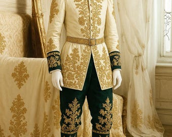 Maßgeschneiderter Royal Cream Bestickter Anzug | Königliche europäische Herren Abendgarderobe | Vintage Barock-Stil Hochzeitsoutfit | Handgefertigtes Ensemble