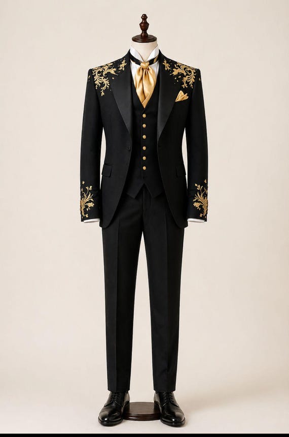 Men's Black Gold Embroidered Suit, Royal Wedding Suit Groom, Baroque Prince Suit, Luxury Tuxedo Set, Victorian Formal Suit, Regal Men Outfit