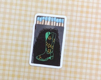 Pegatina de caja de cerillas con forma de bota / Pegatina de vinilo brillante / Arte ilustrado del oeste / Souvenir de Nashville