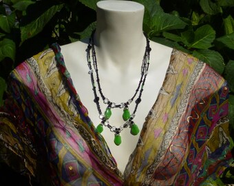 Art Deco Style Faux Jade & Onyx Necklace Earrings Set