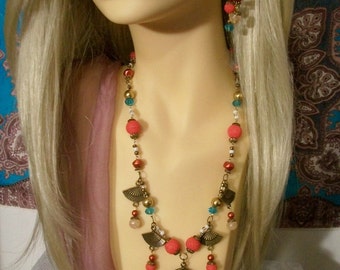 Custom Made "BAZAAR" Fan Charms Necklace w Earrings Set - VINTAGE PARTS