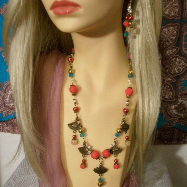 Custom Made "BAZAAR" Fan Charms Necklace w Earrings Set - VINTAGE PARTS