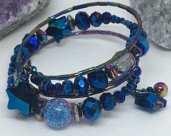 Wrap Bracelet ~ STARSEED Collection ! STARS ! Iridescent Glass Beads & Metal OOAK