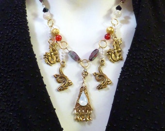 Dragon Charms Necklace w Vintage Opalesque Charm Center