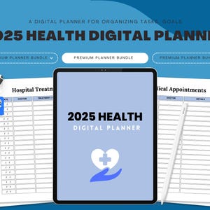 Könnte beinhalten: Ein digitaler Gesundheitsplaner für 2025, dargestellt auf einem Tablet mit Ausdrucken. Der Planer zeigt eine Herz- und Handgrafik und enthält Abschnitte für tägliches Wohlbefinden, Krankenhausbehandlungen und Arzttermine. Der Hintergrund ist blau.
