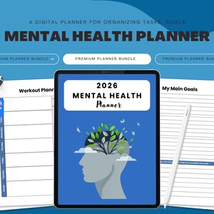 Könnte beinhalten: Ein digitaler Mental-Health-Planer für 2026, mit einem Tablet, das ein Cover-Design eines Kopfes mit einem Baum und Vögeln zeigt, sowie mehrere Seiten mit Kalender- und Zielvorlagen. Der Text lautet "Mental Health Planner".