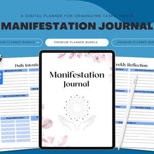 Könnte beinhalten: Ein digitales Manifestationsjournal auf einem Tablet, mit zusätzlichen Seiten. Das Tablet zeigt "Manifestation Journal" mit einem Sonnenstrahl-Design. Der Hintergrund ist blau mit floralen Akzenten und dem Text "A Digital Planner for Organizing Tasks, Goals."