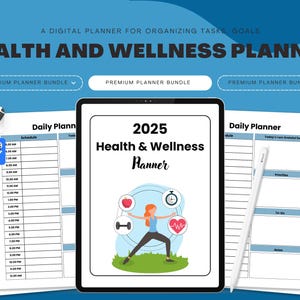 Könnte beinhalten: Ein digitaler Gesundheits- und Wellnessplaner für 2025, dargestellt auf einem Tablet mit ausdruckbaren Seiten. Der Planer zeigt eine Frau beim Training, einen Apfel, ein Herz und einen Timer. Der Text lautet "Health and Wellness Planner."