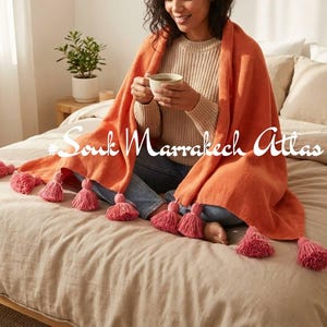 Moroccan Blanket - Orange Blanket with Pom Pom – Boho Berber Bedding – Sofa or Bed Throw – Gift Idea - Orange Berber Bedding Bedspreads