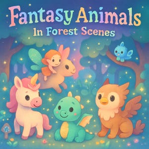 Fantasy Animals in Forest Scenes – 40 Coloring Pages for Kids & Toddlers - A4 Printable PDF - Kids Activity Book