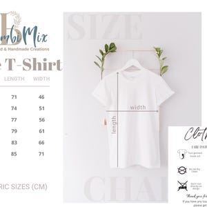 May include: A white t-shirt displayed on a hanger, with length and width measurements indicated. The image includes a size chart in centimeters, with sizes ranging from S to 3XL. Care instructions are also provided.