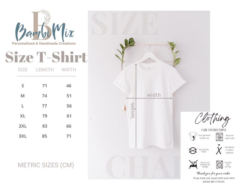 May include: A white t-shirt displayed on a hanger, with length and width measurements indicated. The image includes a size chart in centimeters, with sizes ranging from S to 3XL. Care instructions are also provided.