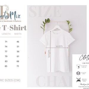 May include: A white t-shirt displayed on a hanger, with length and width measurements indicated. The image includes a size chart in centimeters, with sizes ranging from S to 3XL. Care instructions are also provided.