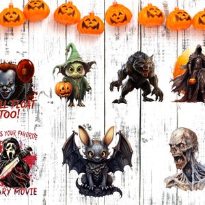 May include: A collection of Halloween-themed stickers featuring various spooky characters. Includes Pennywise the clown with the text "You'll Float Too!", a werewolf, a zombie, a bat, and a ghost with a knife. Orange pumpkin lights hang above.