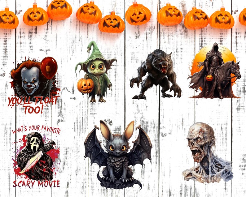 May include: A collection of Halloween-themed stickers featuring various spooky characters. Includes Pennywise the clown with the text "You'll Float Too!", a werewolf, a zombie, a bat, and a ghost with a knife. Orange pumpkin lights hang above.