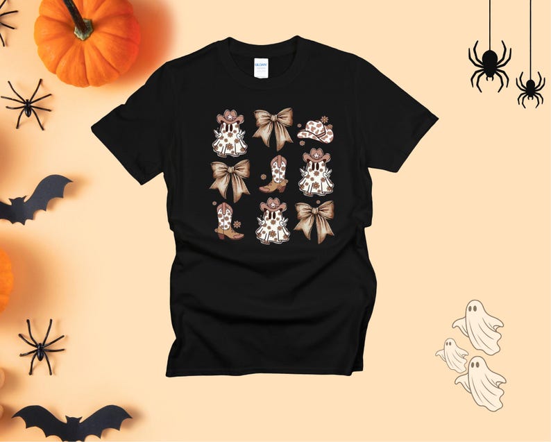 May include: Black t-shirt featuring a repeating pattern of cowboy boots, bows, and hats in brown and white. The design has a country western theme. The shirt is made of a soft material and is suitable for casual wear.
