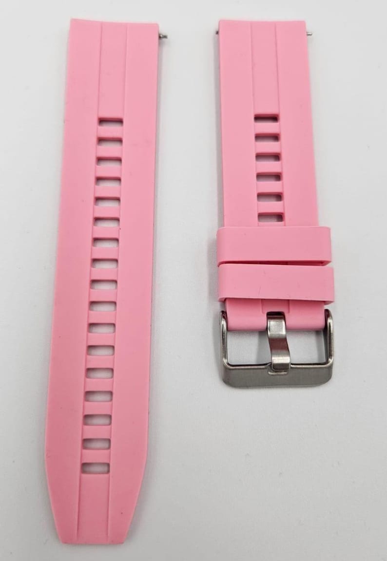 Light pink (baby pink) silicone watch strap with quick release pins and silver buckle, soft pastel watch band for men and women.