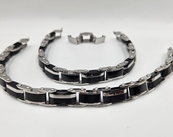 Mens Two-Tone Stainless Steel Bracelet – Black and Silver, Reversible Link Chain