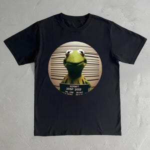 Kermit Mugshot T-Shirt | Funny Criminal Frog Meme Tee | Vintage Mugshot Design | Muppets Gift