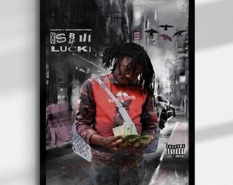 May include: A framed poster featuring a person with dark hair wearing a red and black jacket, holding a stack of cash. The background is a grayscale urban street scene with birds flying. Text includes "DAY 1", "SB 4", "LUCKI", and "PARENTAL ADVISORY".