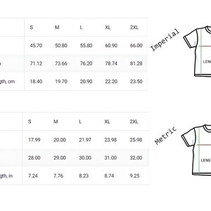 May include: A t-shirt size chart with measurements in both centimetres and inches. The chart details width, length, and sleeve length for sizes S to 2XL. Diagrams show how to measure a t-shirt, with measurements in cm and inches.