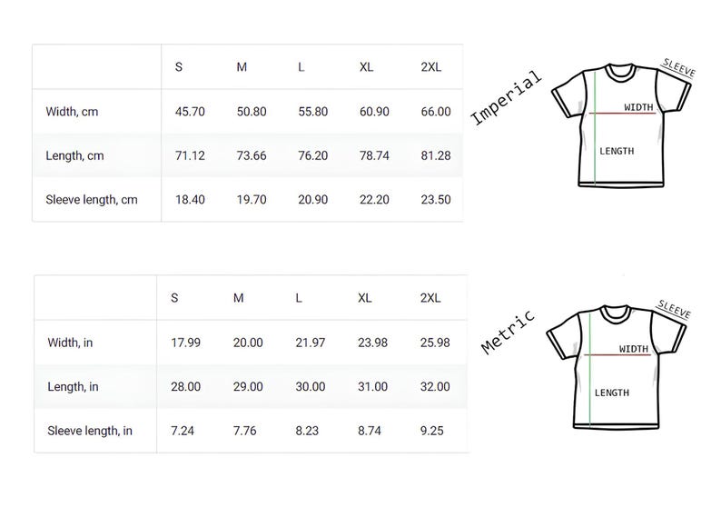 May include: A t-shirt size chart with measurements in both centimetres and inches. The chart details width, length, and sleeve length for sizes S to 2XL. Diagrams show how to measure a t-shirt, with measurements in cm and inches.