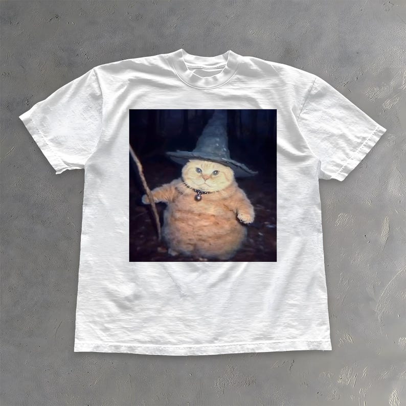 May include: White t-shirt with a humorous image of a cat in a wizard costume. The cat, with light orange fur, wears a grey pointed hat and a necklace, holding a staff. The image is set in a dark forest. A fun and quirky design.