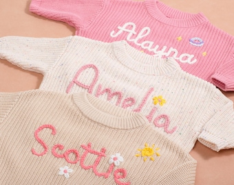 Benutzerdefinierte Name Hand bestickt Baby Pullover, weich stricken personalisierte Kinder Urlaub Pullover Geschenk