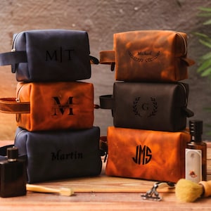 Personalized Full Grain Leather Dopp Kit - Premium Gifts for Him, Boyfriend, Husband, Fathers, and Groomsmen Toiletry Bag for Wedding Gifts