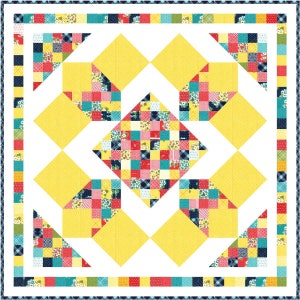 May include: A quilt with a yellow and white geometric pattern. The centre of the quilt features a patchwork of colourful squares. The quilt is surrounded by a border of blue, red and green.